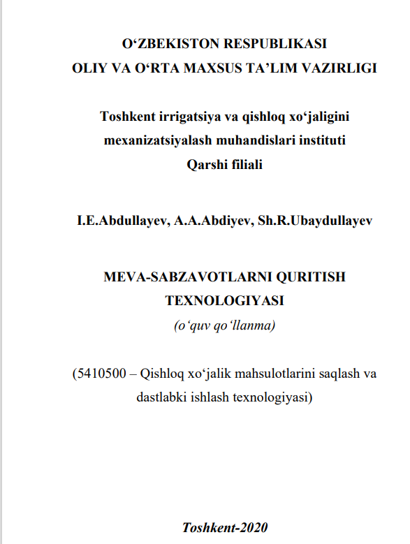 MEVA-SABZAVOTLARNI QURITISH  TEXNOLOGIYASI