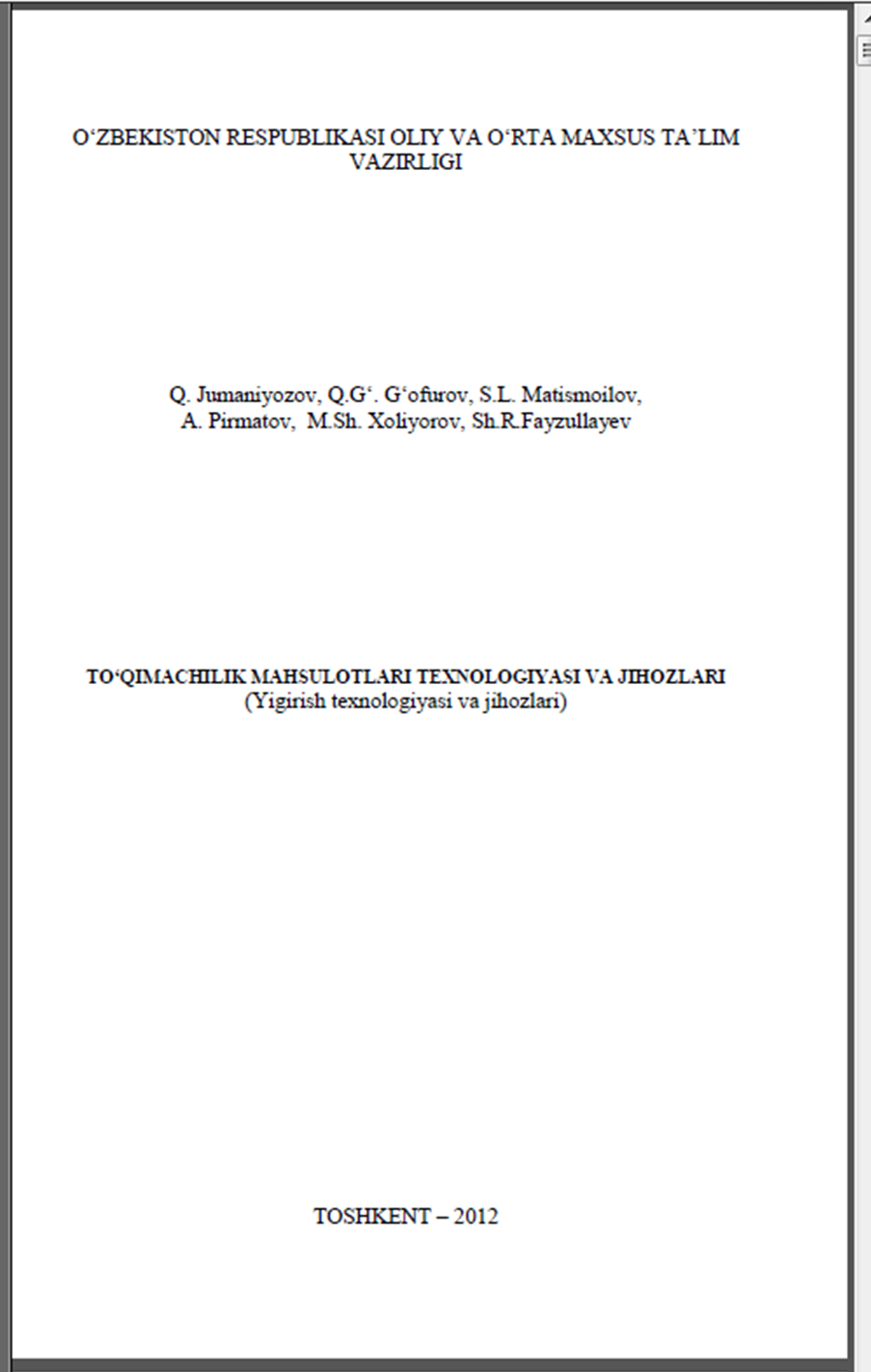 To‘qimachilik mahsulotlari texnologiyasi va jihozlari