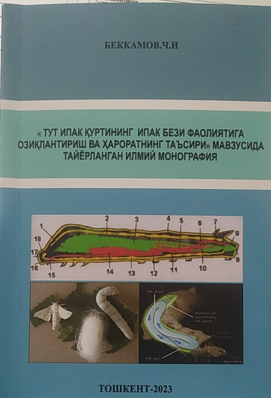 Тут ипка қуртининг ипак бези фаолиятига озиқлантириш ва ҳароратнинг таъсири мавзусида тайёрланган илмий монография.