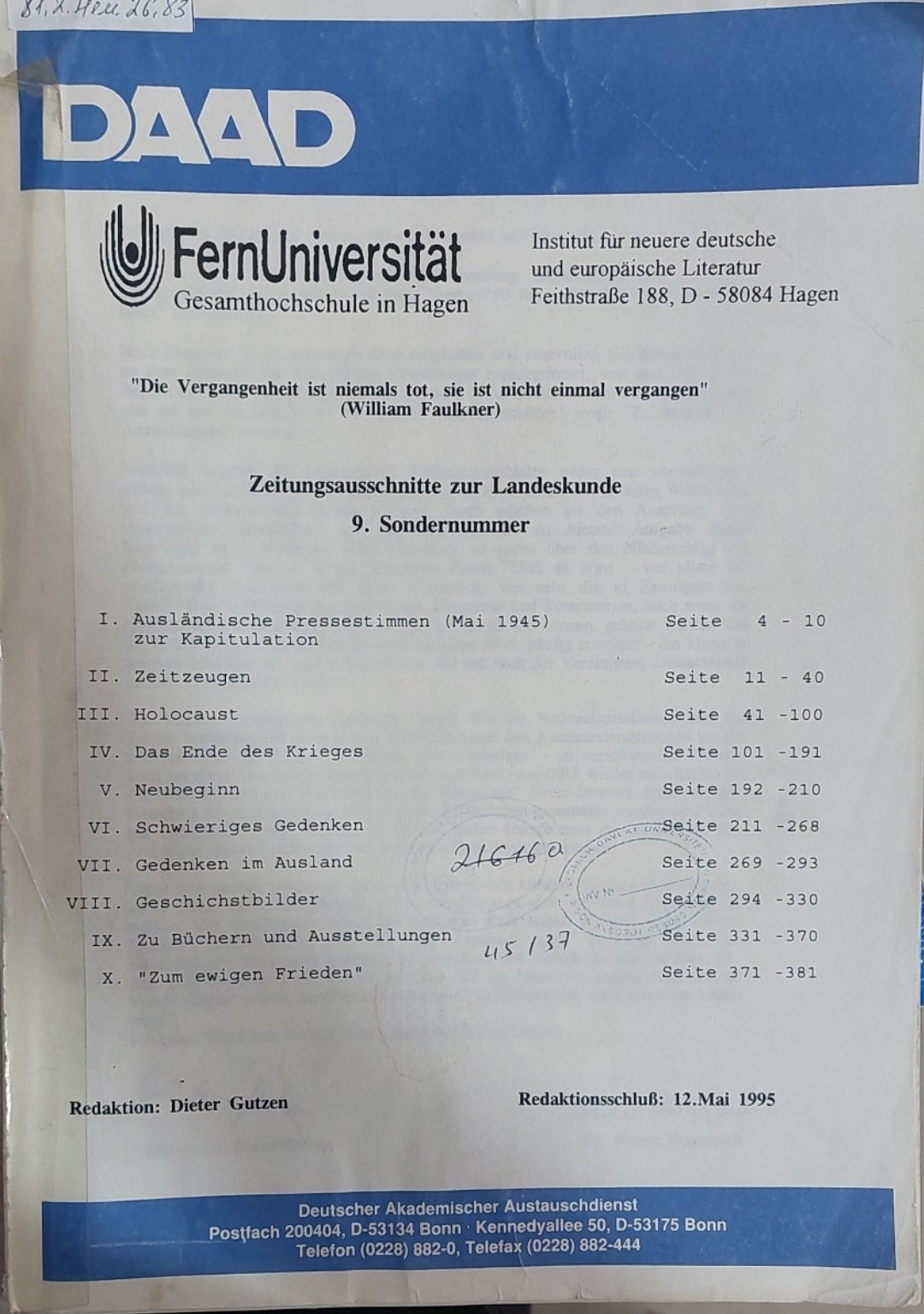 DAAD Zeitungsausschnitte zur Landeskunde  9. Sondernummer
