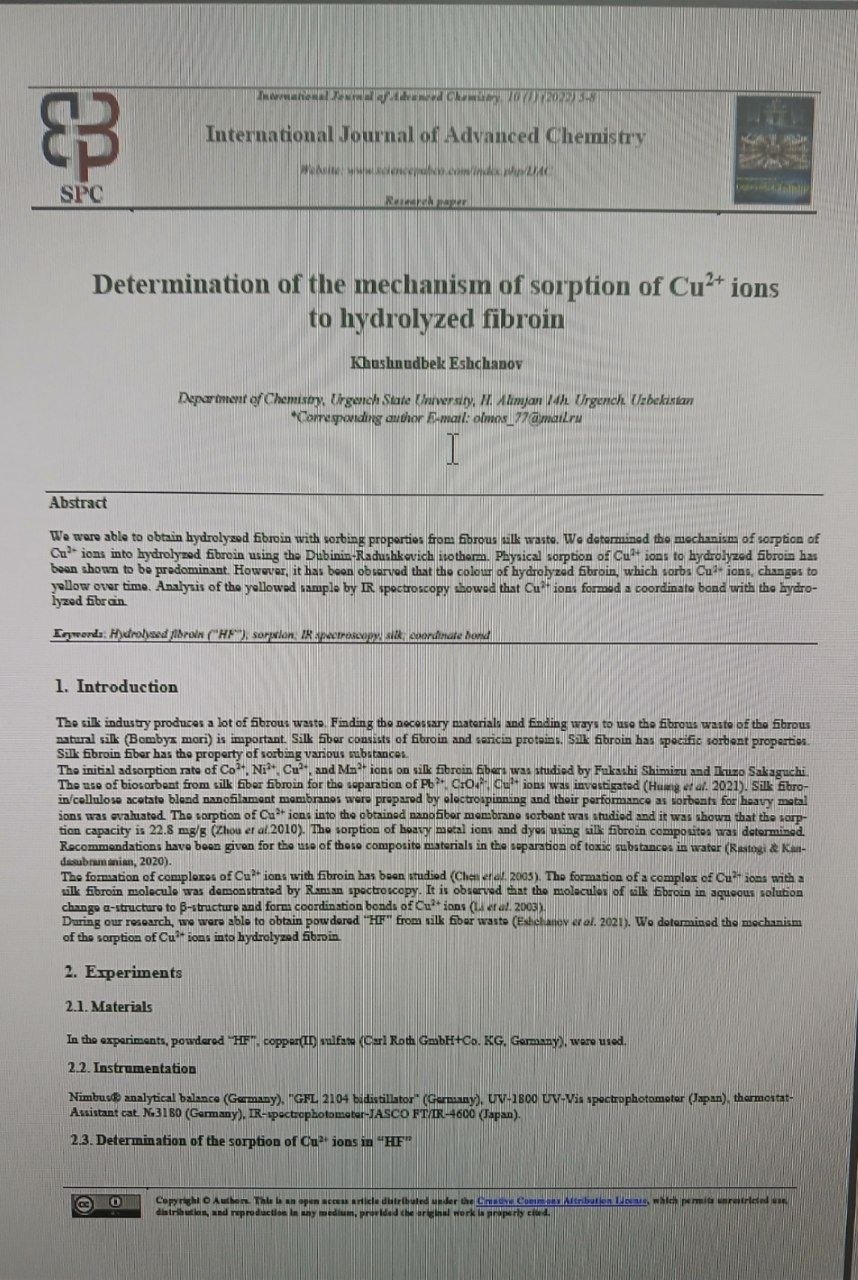 Determinftion of the mechanism of Cu 2+ions to hydrolyzed fibroil