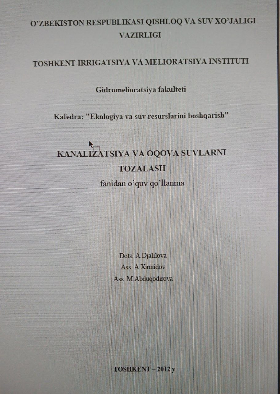 KANALIZATSIYA VA OQOVA SUVLARNI TOZALASH