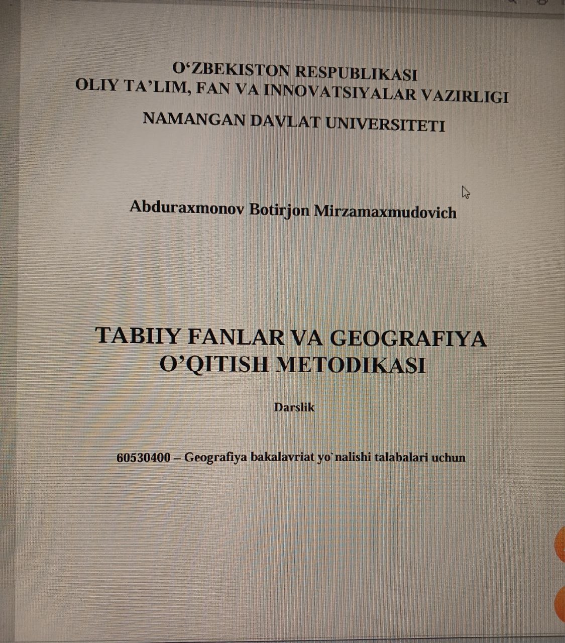 Tabiiy fanlar va geografiya o'qitish metodikasi
