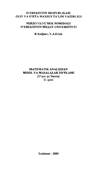 Matematik analizdan misol va masalalar to'plami II qism