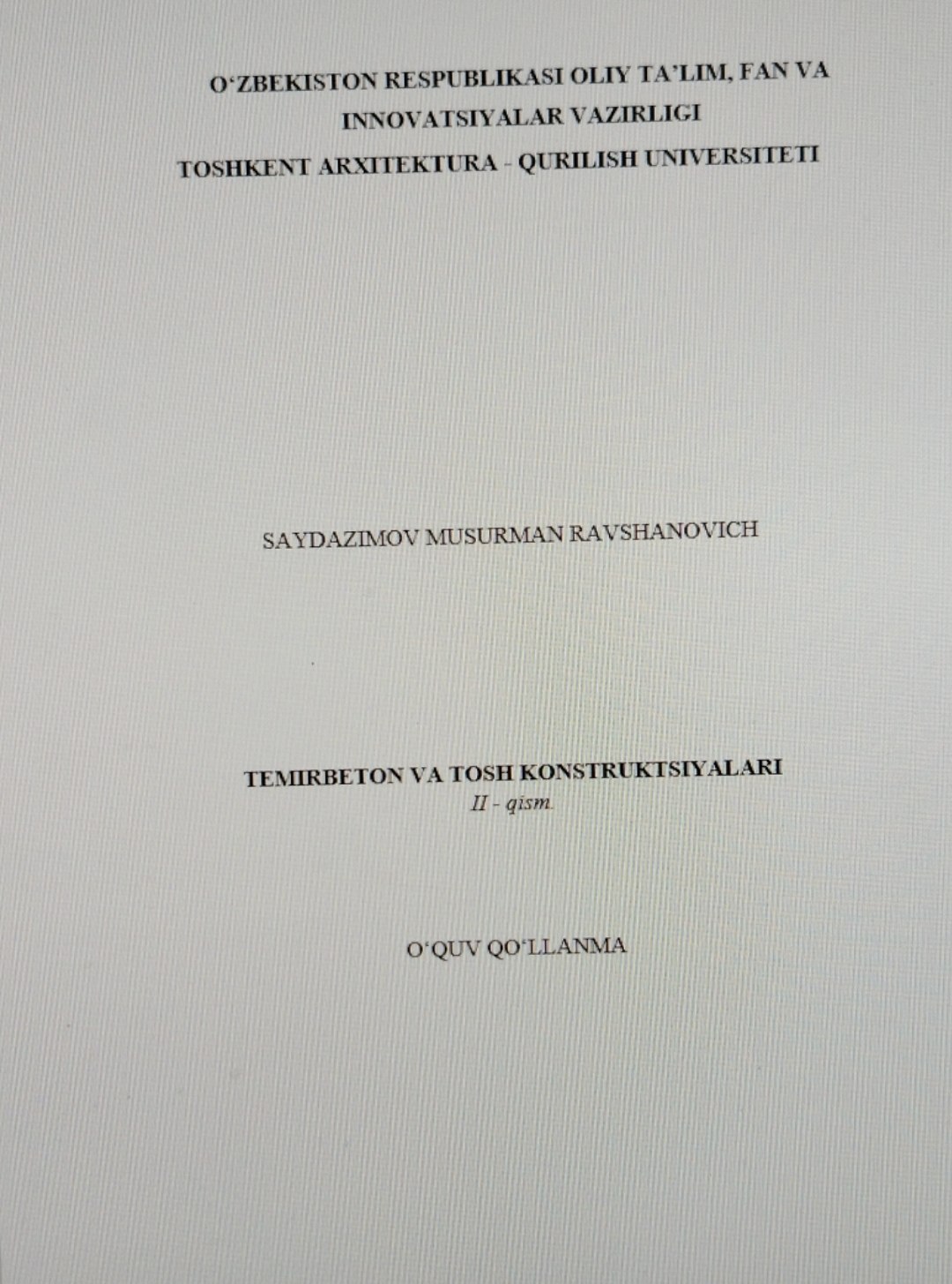 TEMIRBETON VA TOSH KONSTRUKTSIYALARI  II - qism.