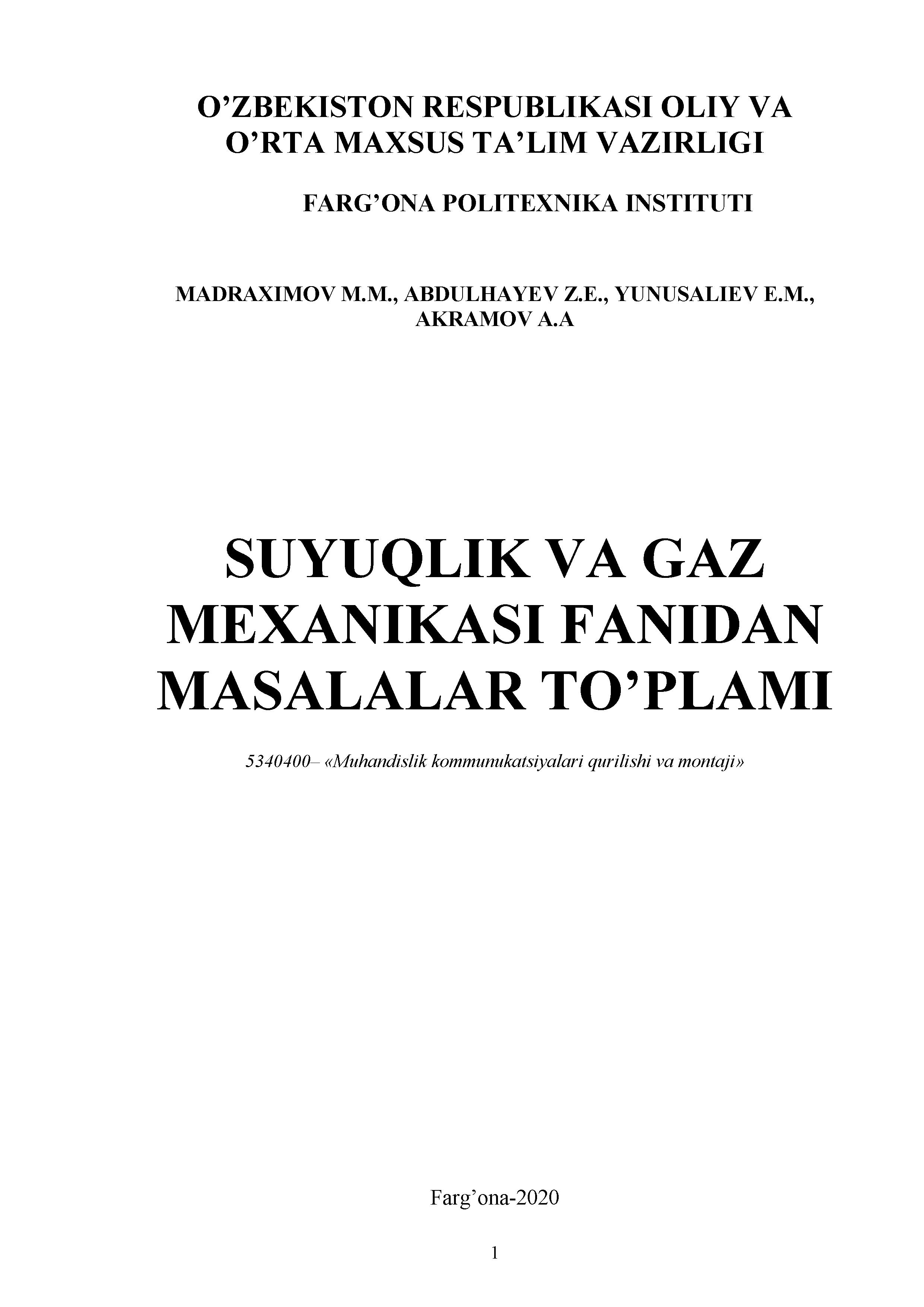 Suyuqlik va gaz mexanikasi fanidan masalalar to’plami