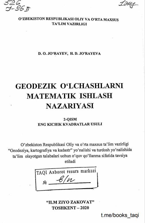 Geodezik o'lchashlarni matematik ishlash nazariyasi 2-qism