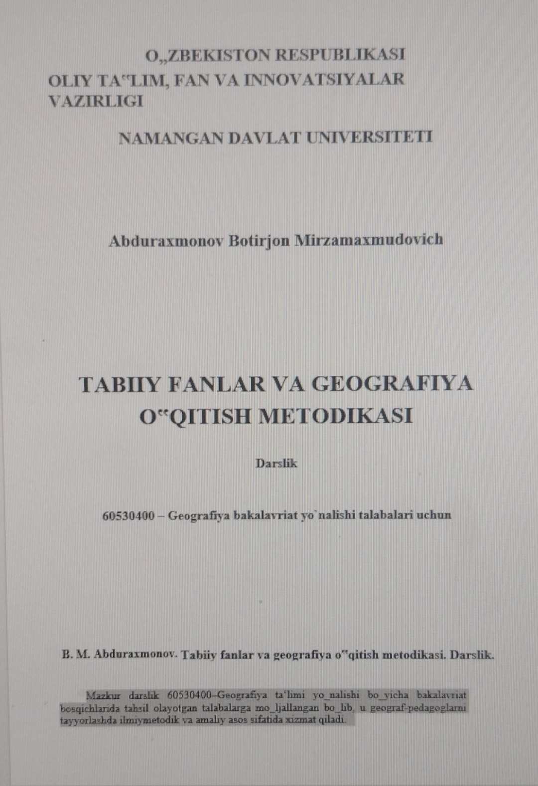 Tabiiy fanlar va geografiya o'qitish metodikasi